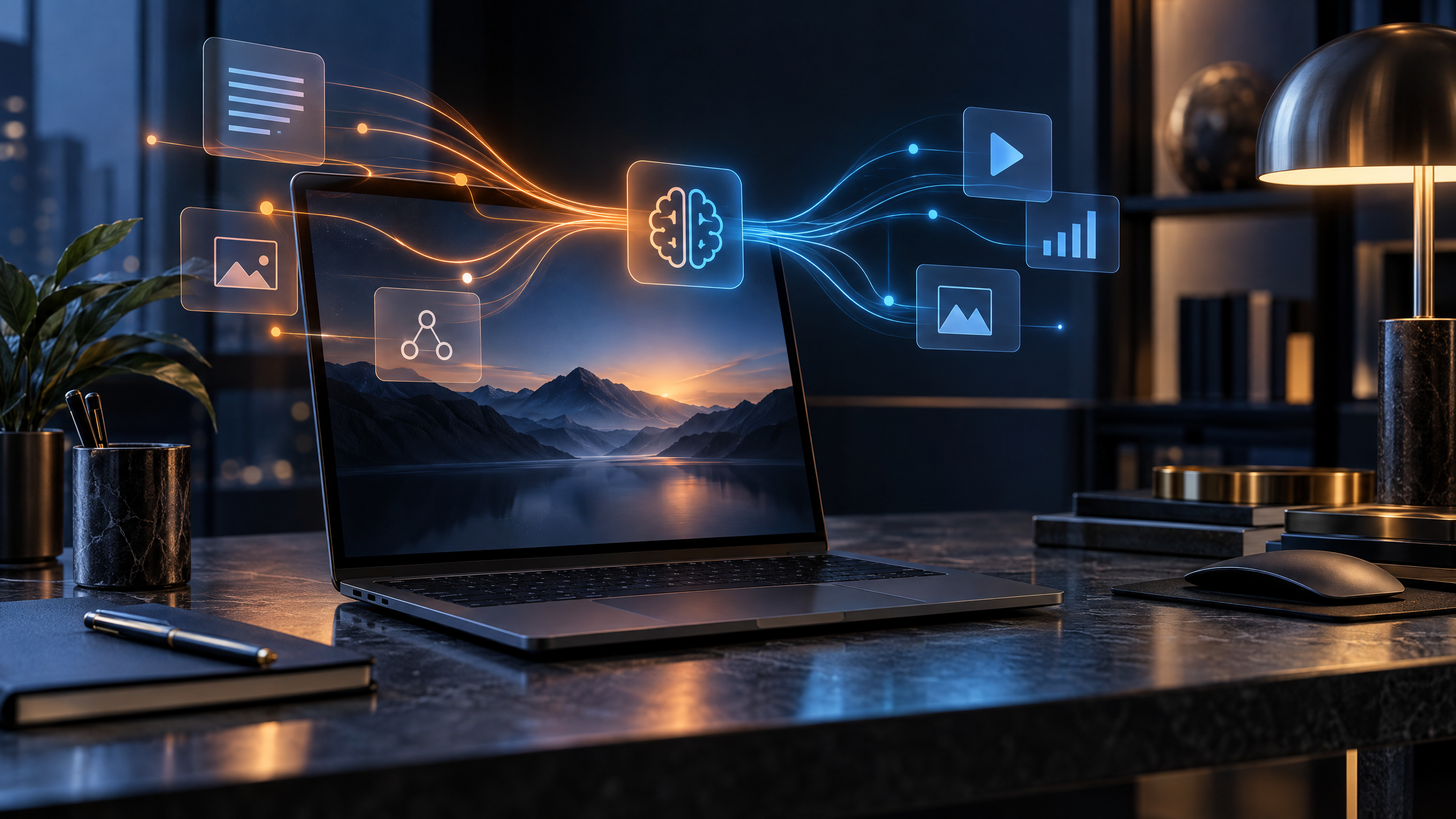 Abstract AI workflow lights above a premium laptop on a dark desk